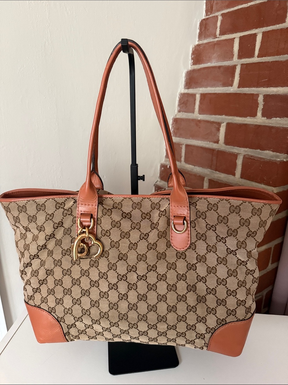 Authentic Gucci Beige Monogram Canvas Tote with Tan Leather Accents